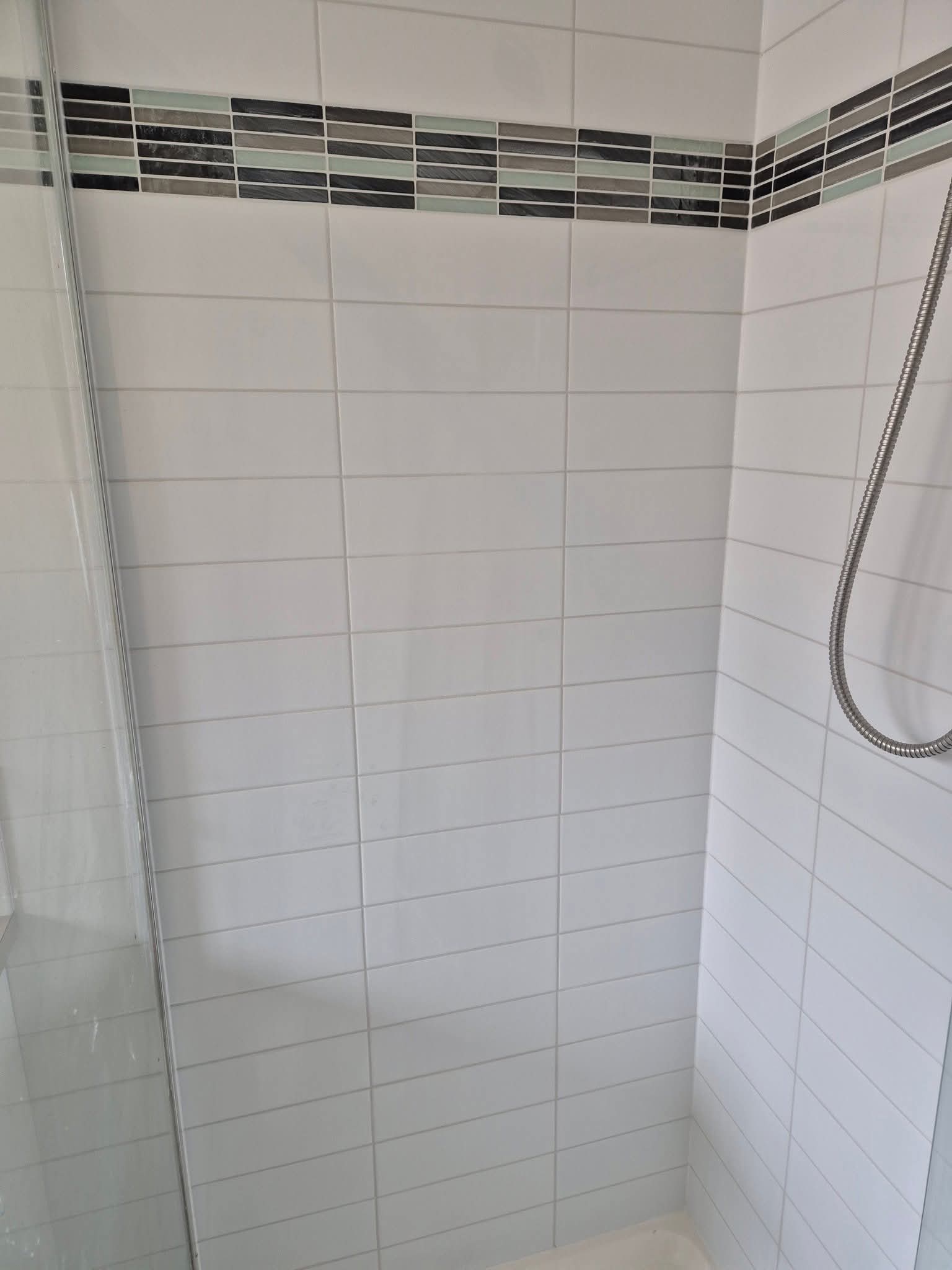 Mosaic feature stripe in a finished bathroom regrout.